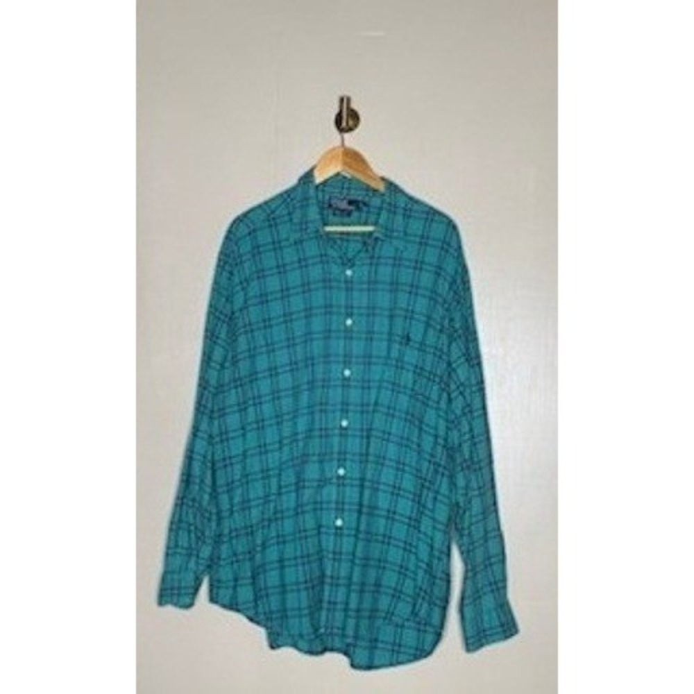 Polo Ralph Lauren Plaid Button Down Shirt Men's XL Green Blue Cotton‎